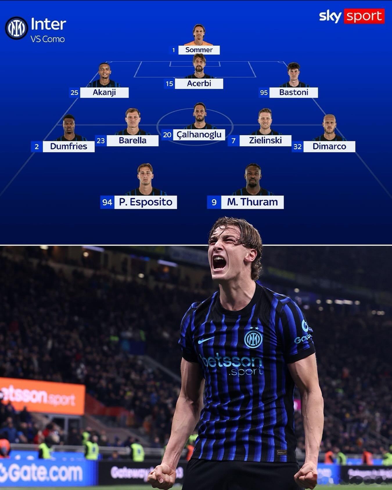 天空体育更新了国际米兰首发阵容，皮奥替代劳塔罗首发。💙🖤💪国际米兰意甲劳塔