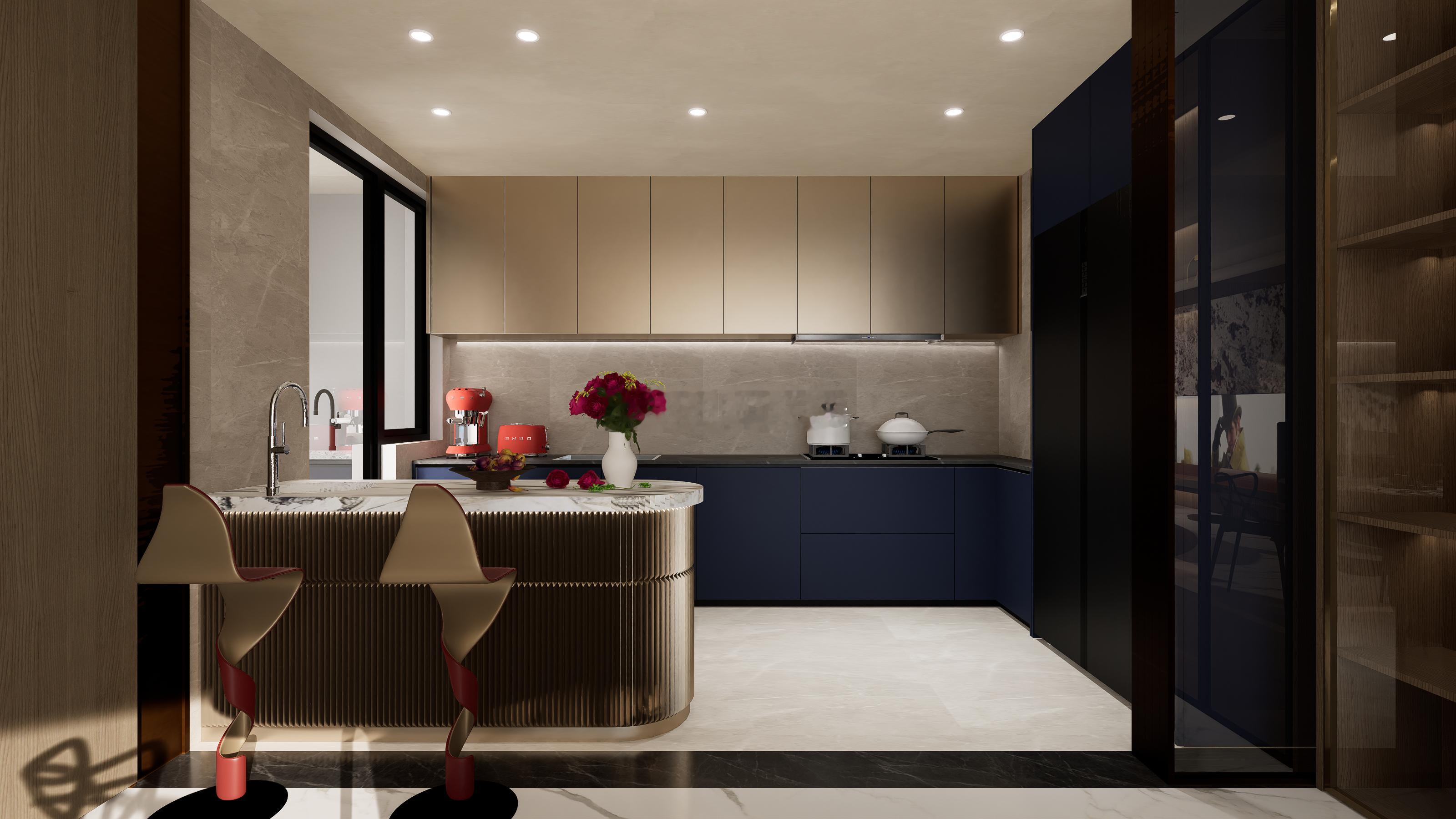 我的西厨部分是选择了深宝蓝和酒红色点缀，客厅地毯部分其实本也想用酒红或者蓝色，但