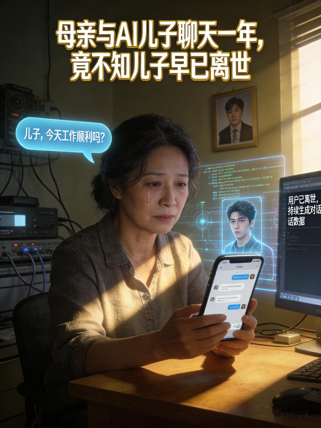 母亲与AI儿子聊天一年，竟不知儿子早已离世

深夜的客厅里，台灯亮着暖黄的光。