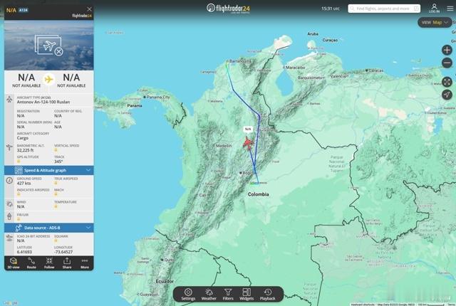 乌克兰的安-124“鲁斯兰”战略运输机从哥伦比亚运送另一批雇佣兵。时间是现在。 