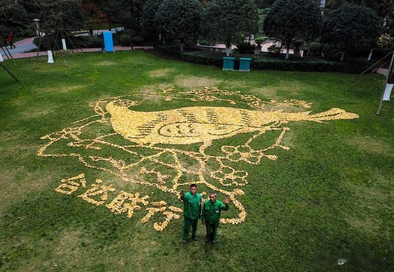 平凡人的浪漫从不少见
南京环卫大叔把散落的银杏叶细心摆放，随手打造出网红打卡地，