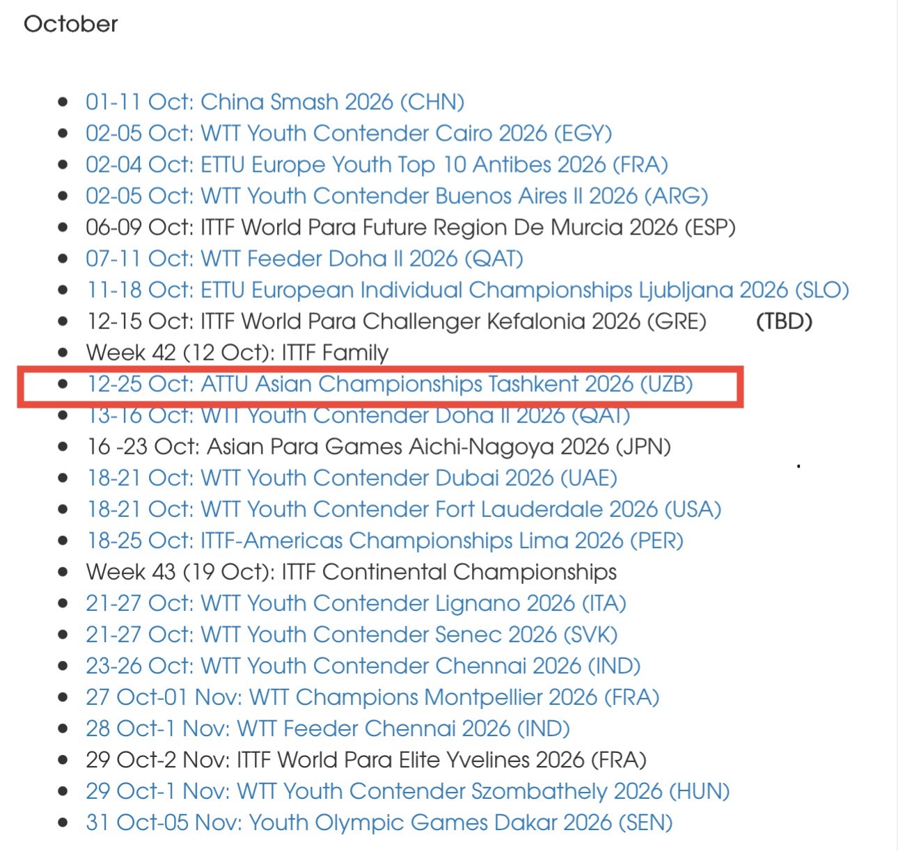ITTF赛历也更新了亚锦赛时间10.12-10.25还以为亚乒联官网随便写的……