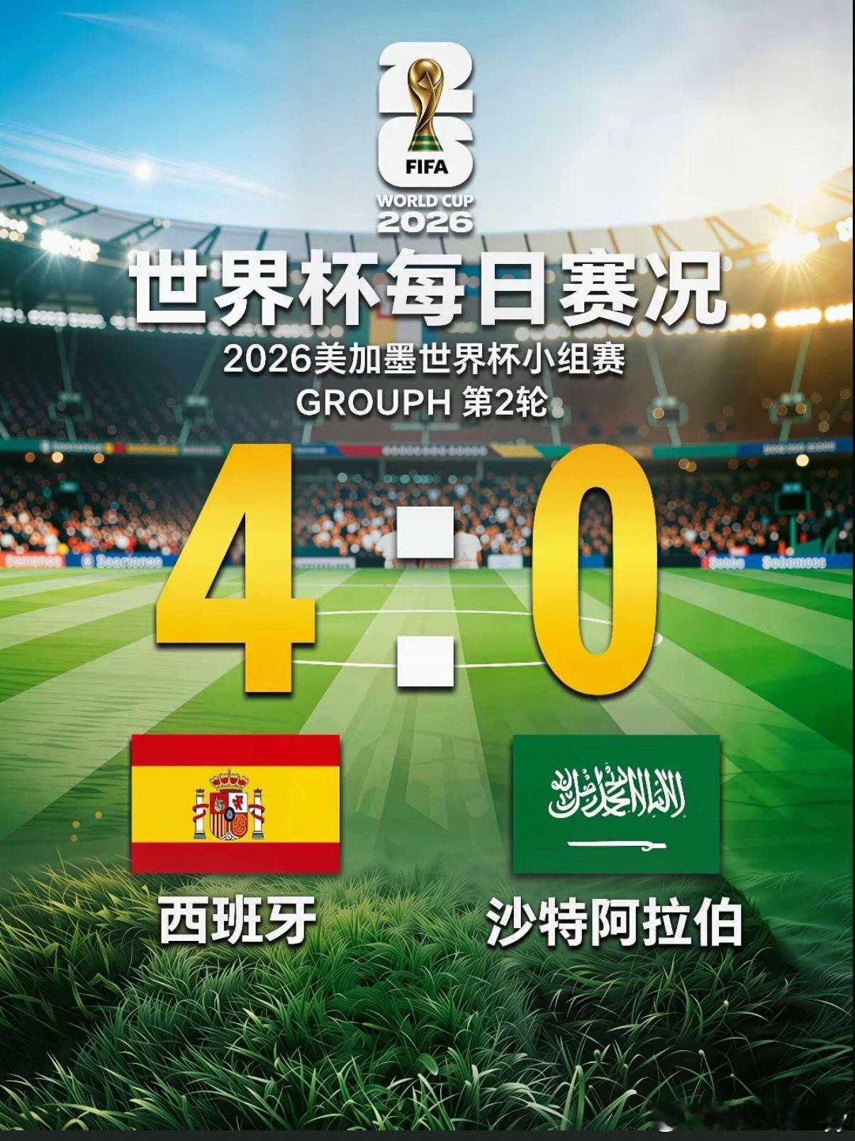 西班牙 杀疯了北京时间6月22日凌晨，2026美加墨世界杯H组第二轮，西班牙队以