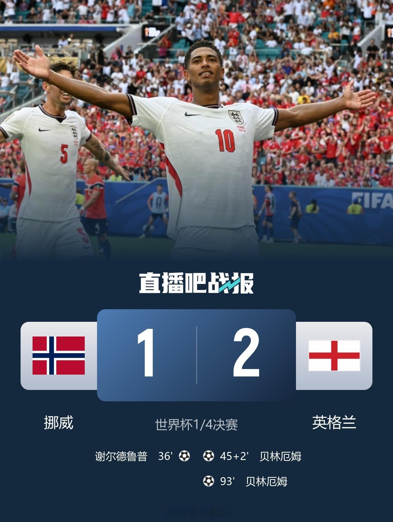 北京单场 晋级四强！英格兰加时2-1挪威 贝林厄姆连场双响谢尔德鲁普破门北京时间