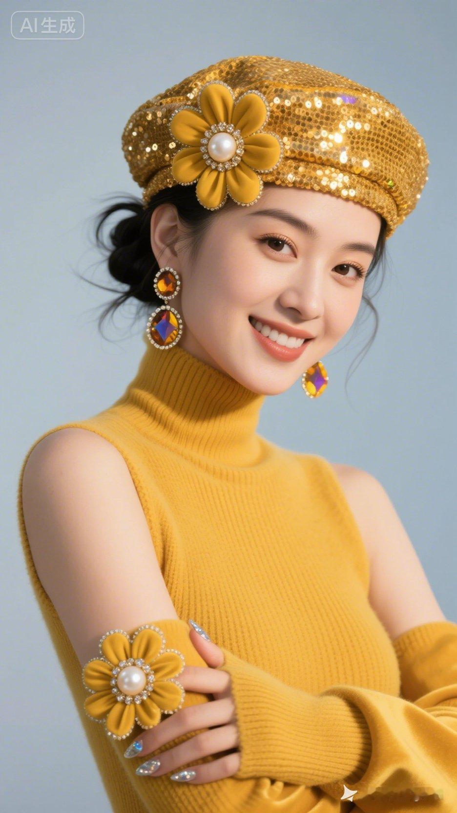 黄色毛衣搭配金色饰品，闪耀的复古风格，让人眼前一亮！🌟✨