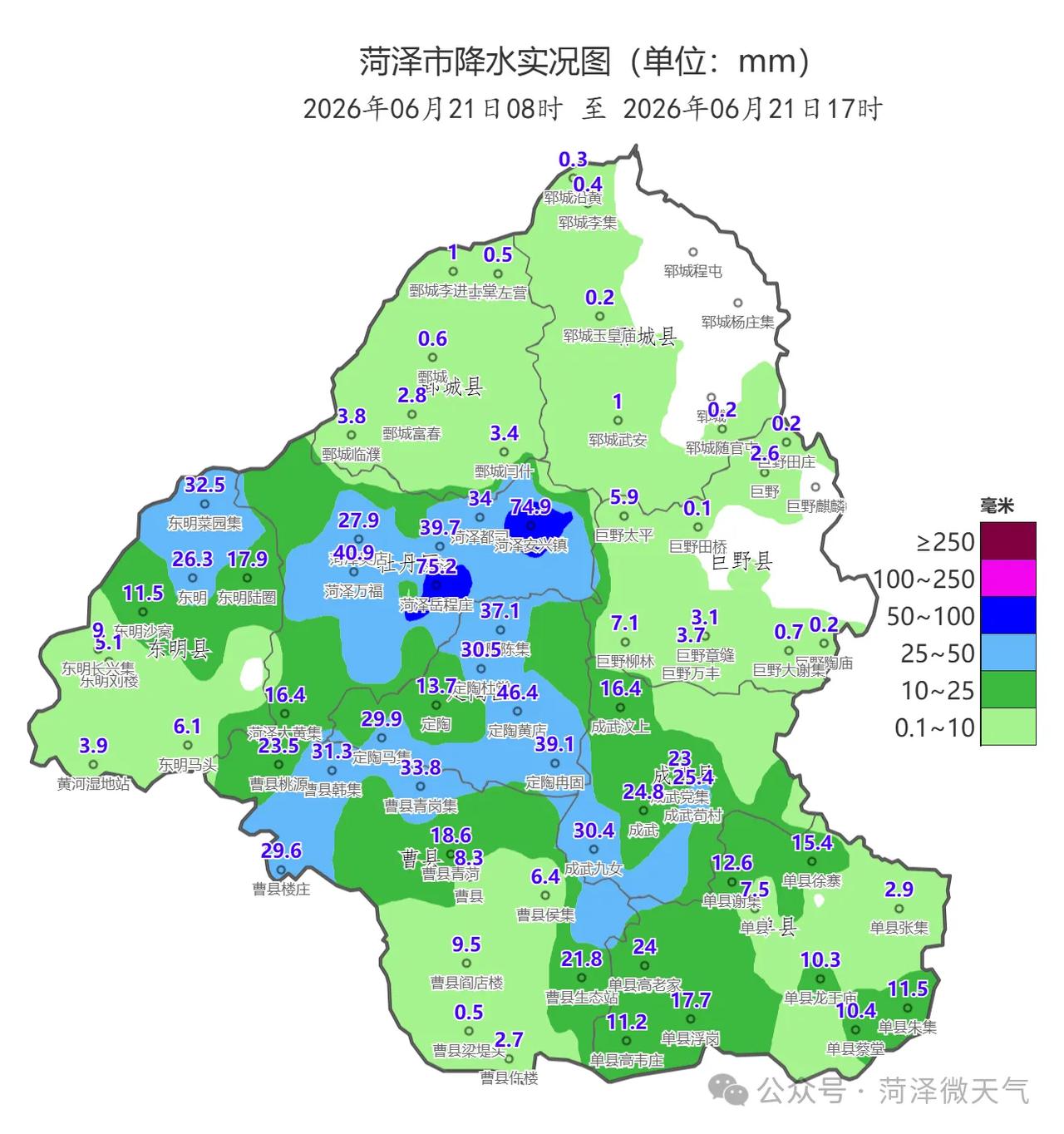 盘点6月21日8时至17时菏泽市降雨