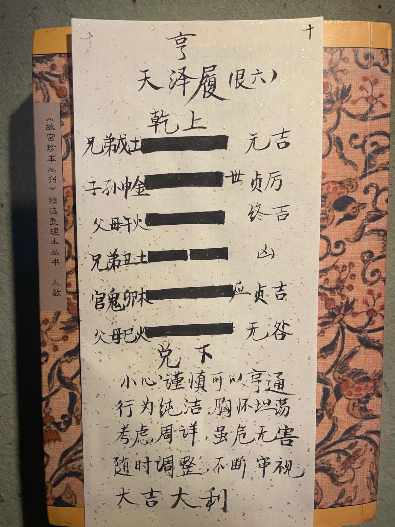 十天泽履 
下兑踩了上乾，阴爻柔软踩在阳爻的刚健上，和悦和上乾呼应。所以踩到了老
