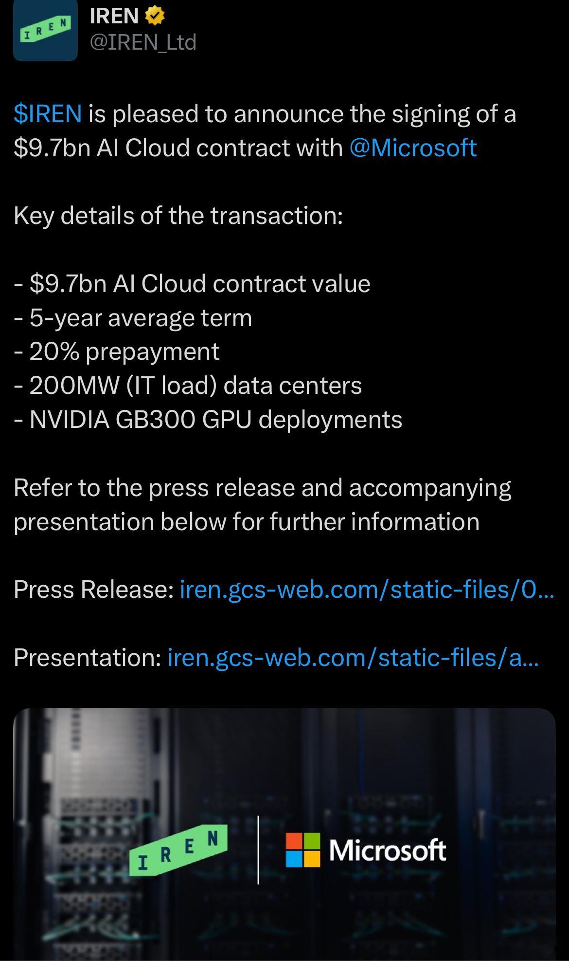 一早醒来就看到好消息。IREN盘前暴涨[打call]——-$IREN 宣布与 M