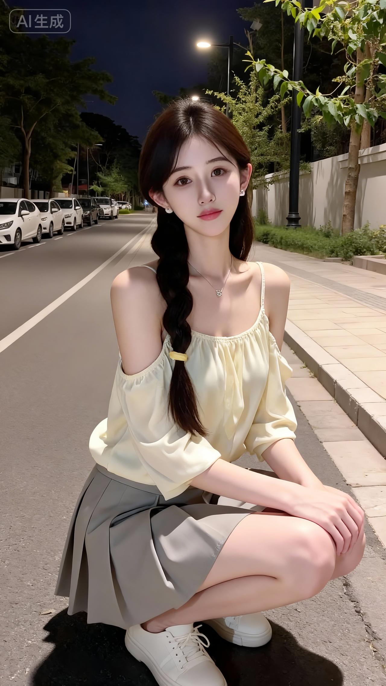 夜街甜妹，鹅黄露肩上衣配灰百褶裙，清新纯欲氛围感绝了棕色短裙穿搭 灰色吊带包臀裙