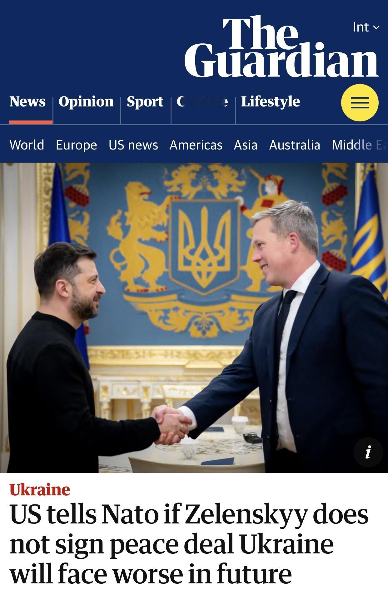 英媒：美国告诉北约，如果泽连斯基不签署和平协议，乌克兰未来将面临更糟糕的局面
