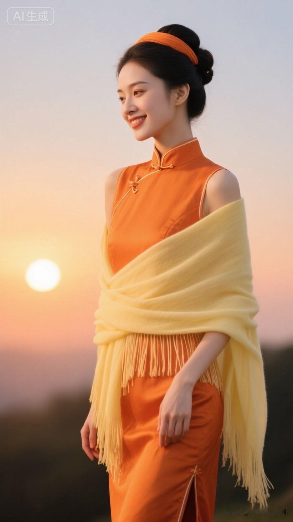 夕阳下，她穿着橙黄传统服饰，微笑着。