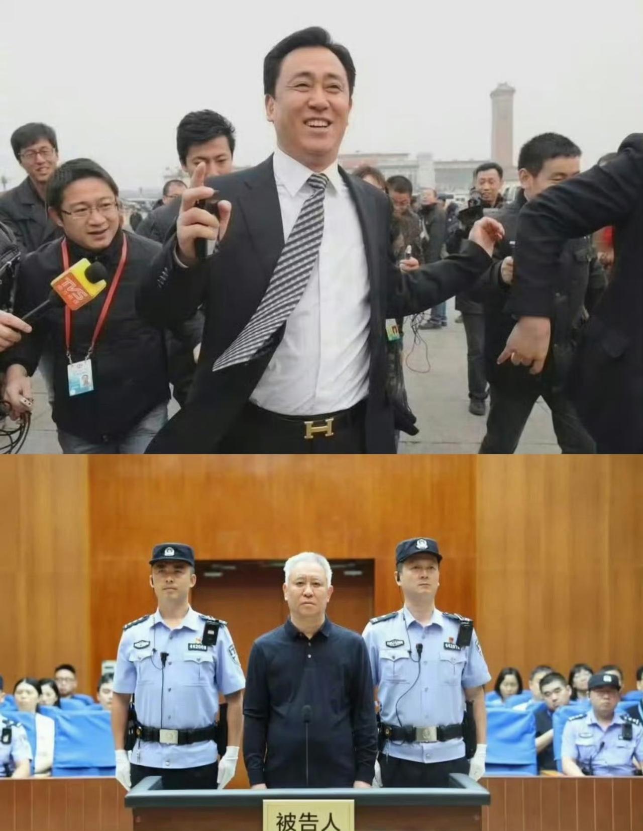 把许家印两张照片连起来看才有意思，上面那张是许家印的高光时刻，一路小跑，被众记者