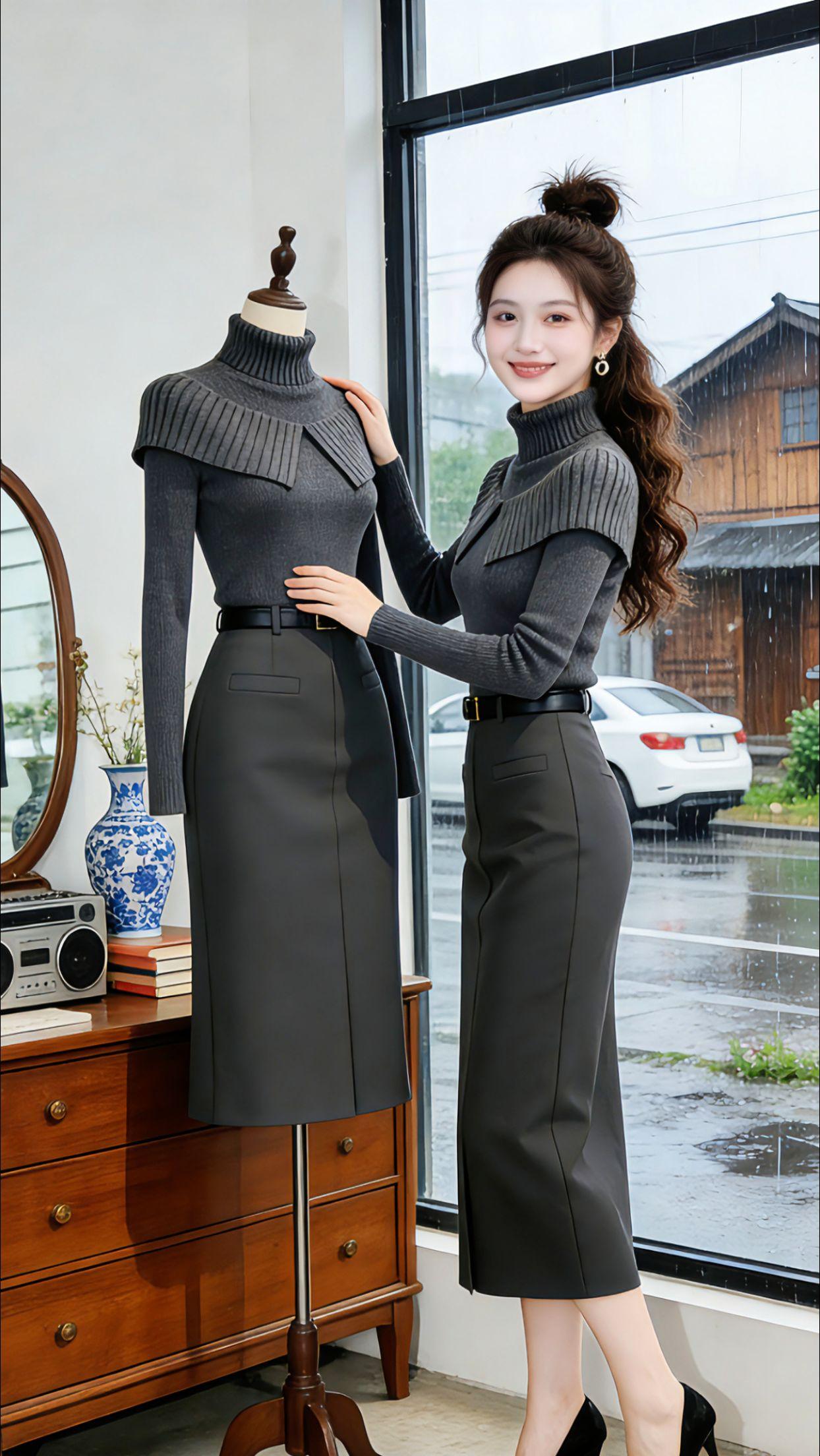 Danny雨天宅家撸猫时，这套灰色斗篷披肩毛衣套装裙软乎乎的，贴肤又保暖；对着镜