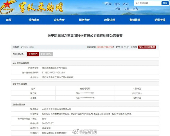 【#海澜之家对违约事件不作回应#】近日，军队采购网发布一则违规处理公告，知名服饰