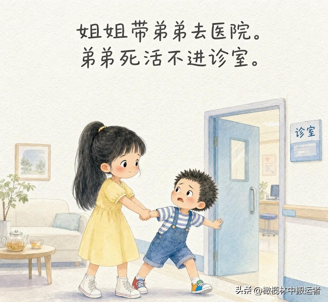 推荐有趣的漫画：姐姐带弟弟去医院。弟弟死活不进诊室。姐姐：你看姐先打，一点不疼。
