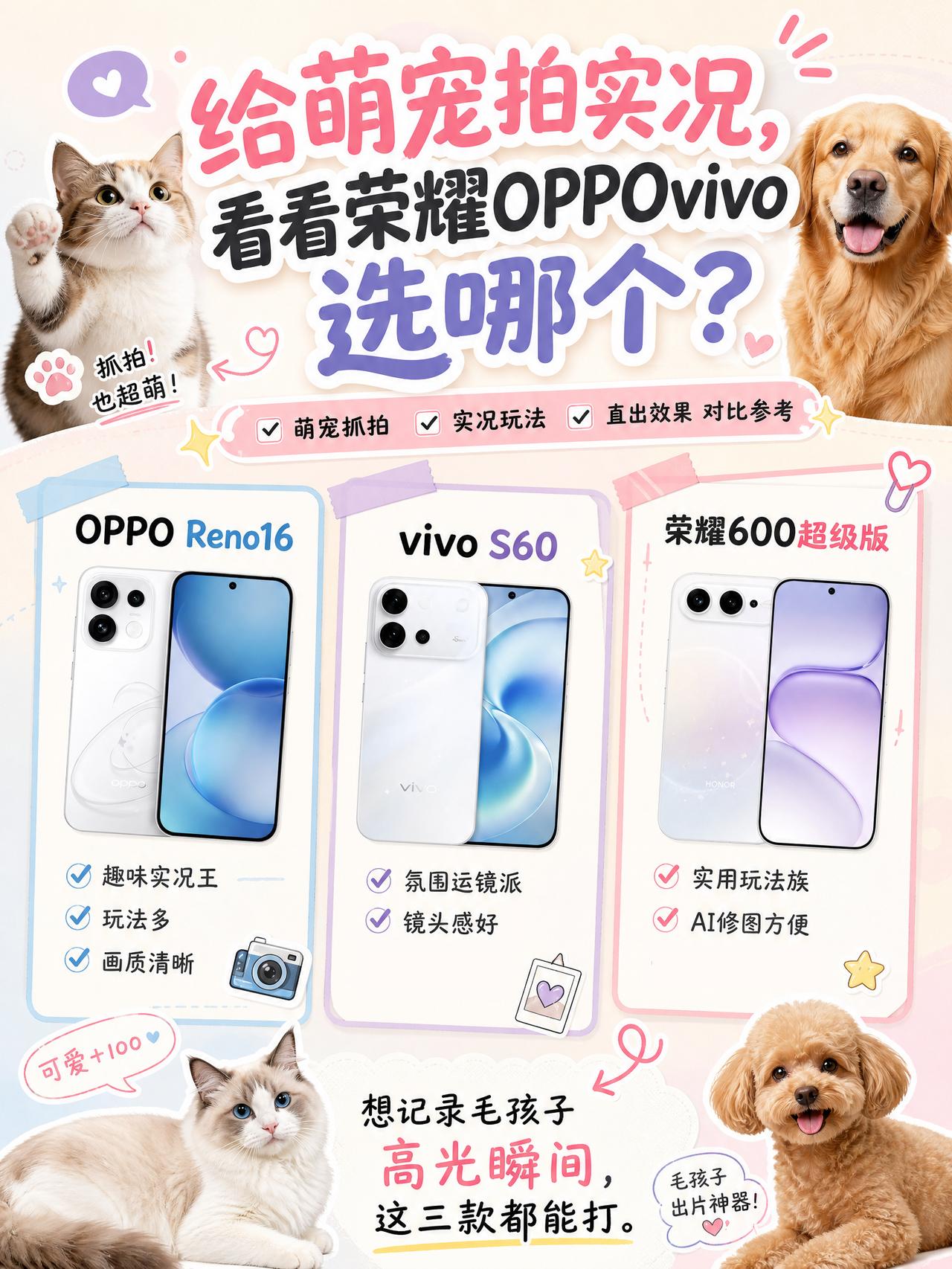 给萌宠拍实况，荣耀OPPOvivo到底选哪个啊
平时总爱给家里萌宠拍实况照片
记