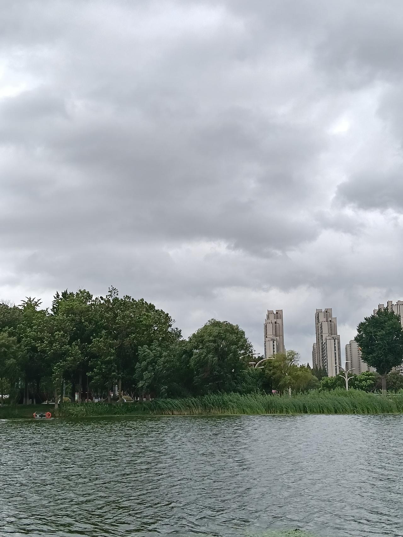 漫天灰云笼罩着湖面，微风拂过水面，漾开层层浅浅波纹。岸边绿树成荫，芦苇随风轻轻摇