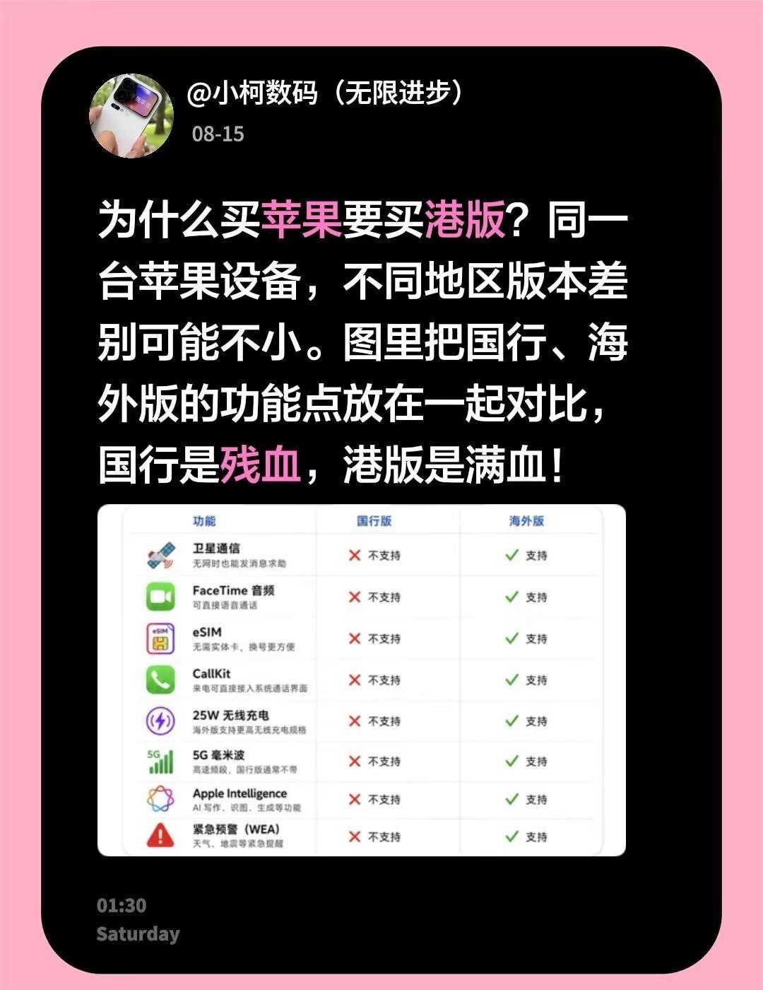 为什么买苹果要买港版？同一台苹果设备，不同地区版本差别可能不小。图里把国行、海外
