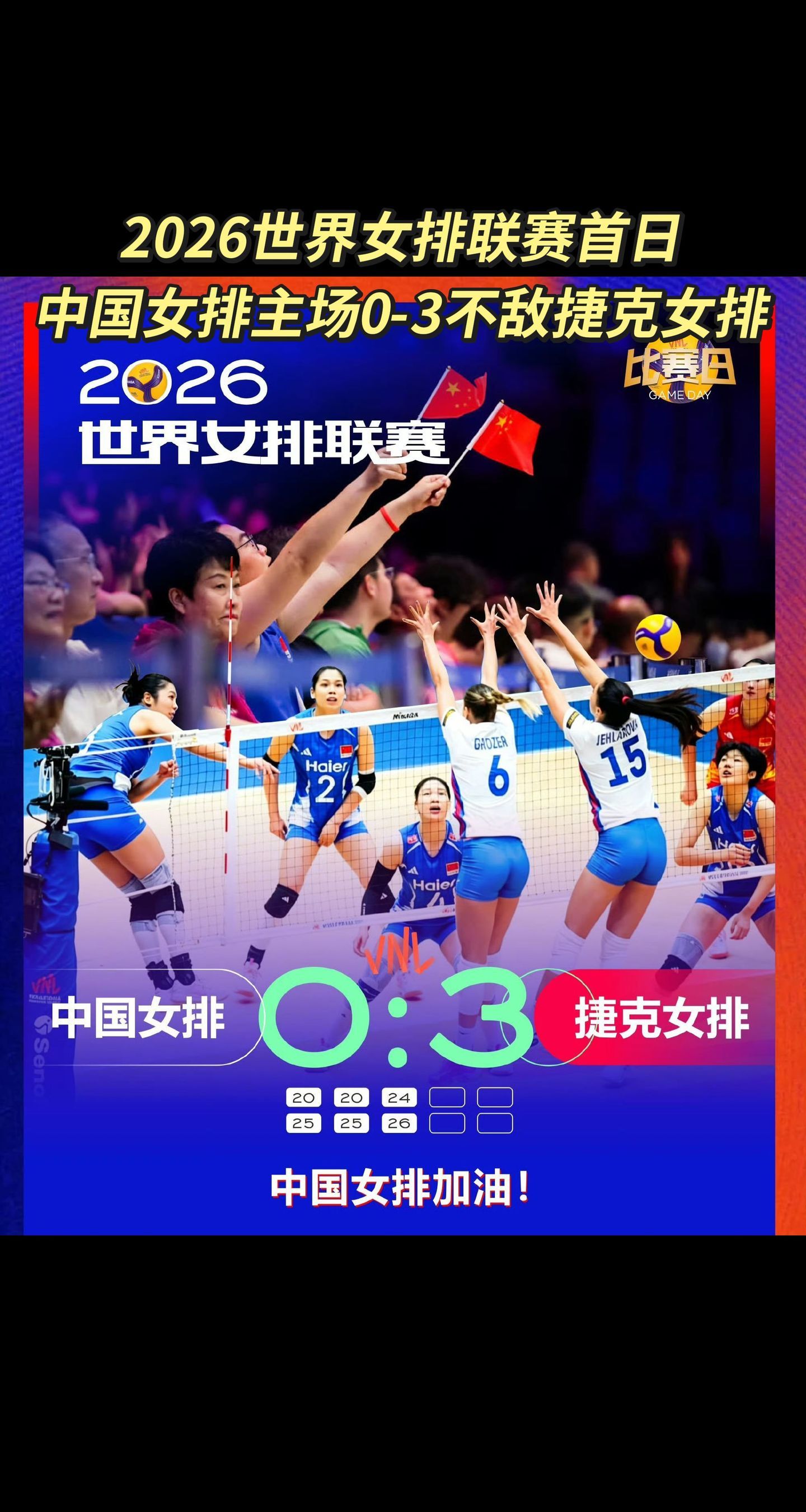 中国女排0比3捷克女排  2026世联赛首战中国女排0:3不敌捷克。2026世界