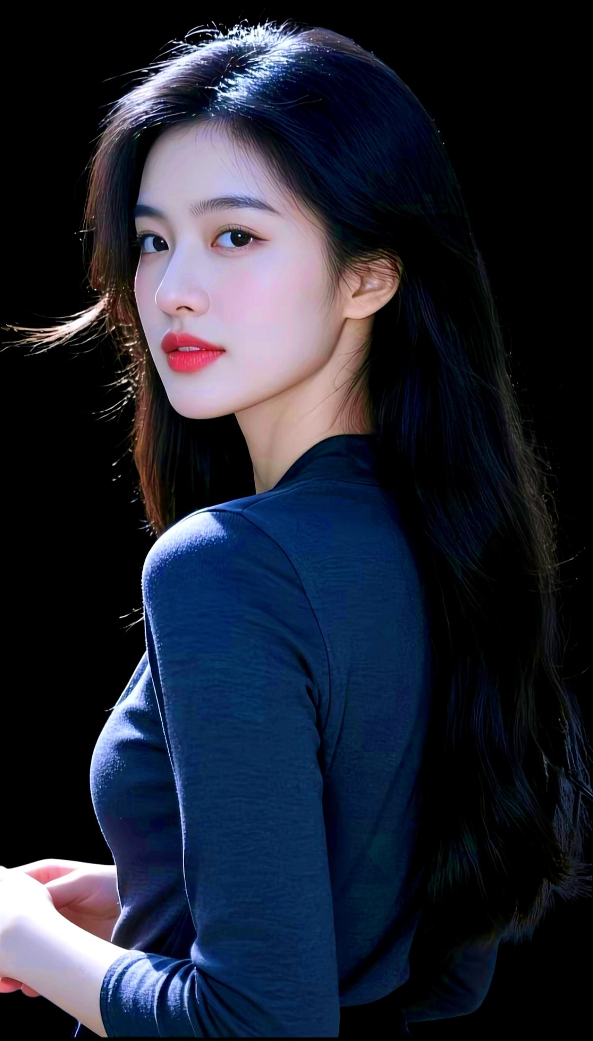 冷艳黑发少女，红唇微启，优雅迷人。