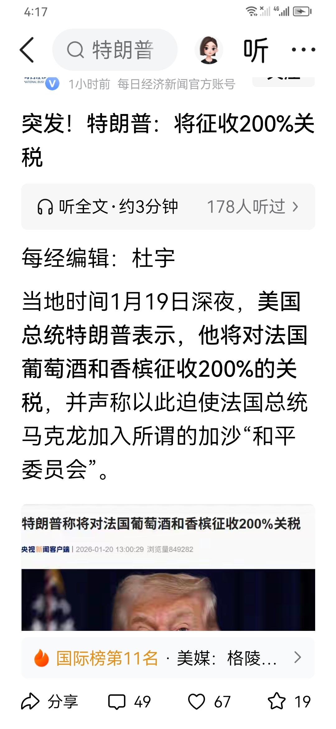 川普邀请马克龙加入加沙和平委员会不得，以加200%的关税相威协。来还是不来，看着