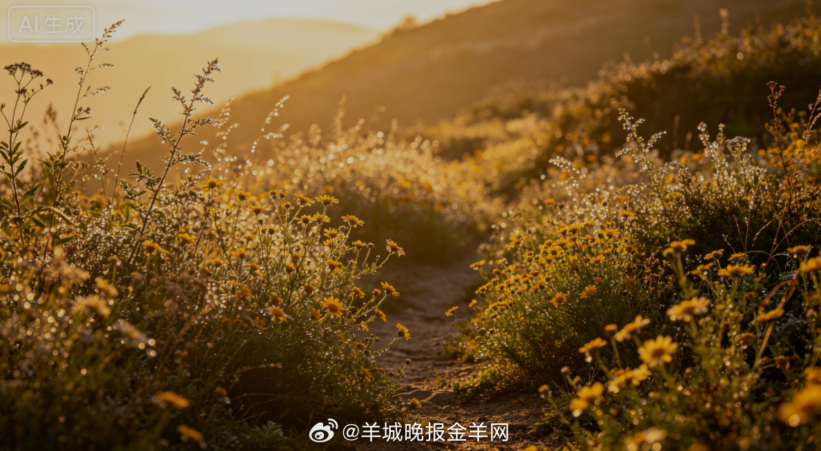 #早安# 温柔朝阳漫过漫山野菊，小径藏在错落花草之间，缓步慢行，清风裹挟淡淡的花