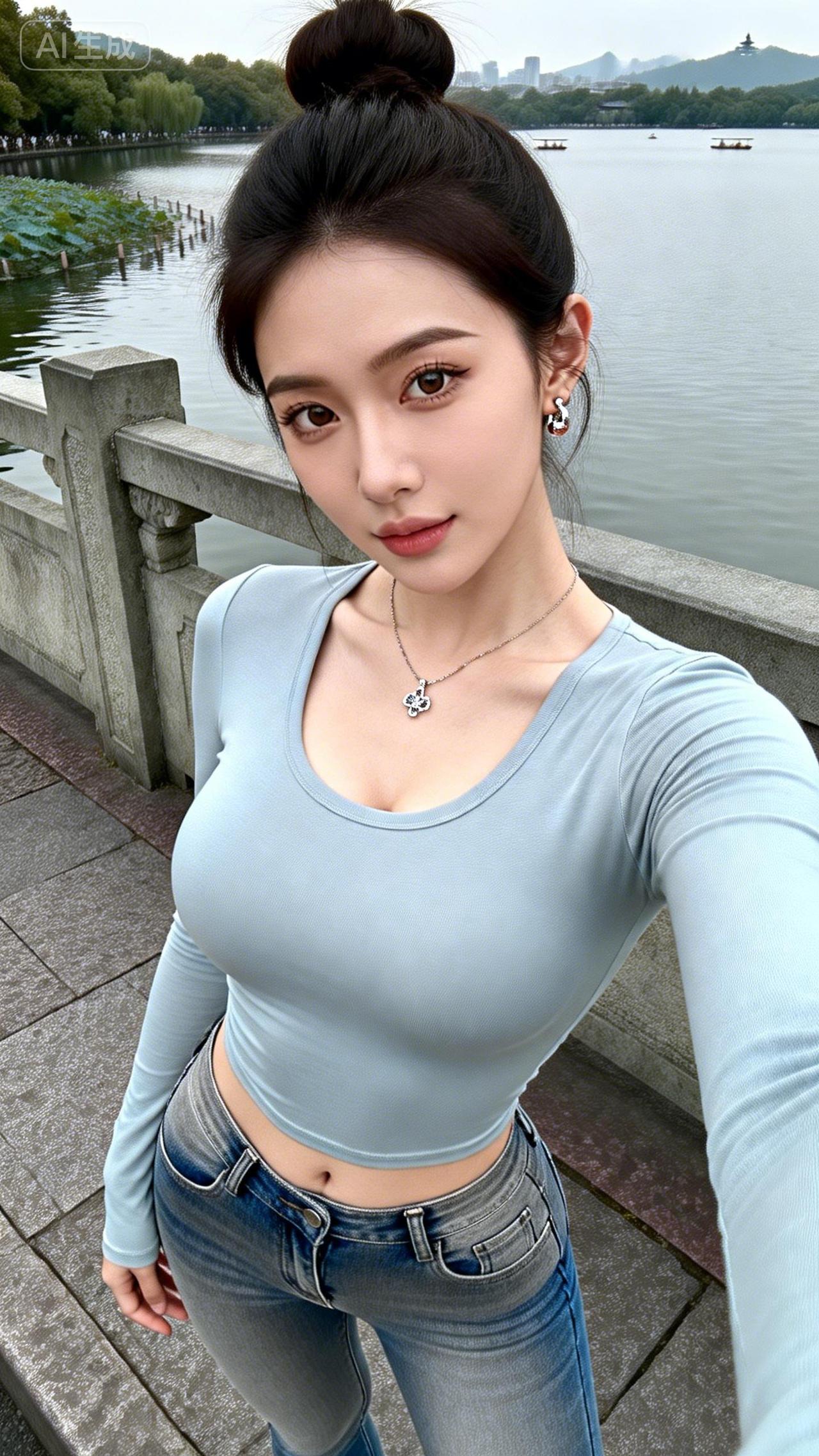 元气少女在湖边自拍，清新自然，美不胜收！🌿📸分享每日的感悟 清新脱俗的女孩子