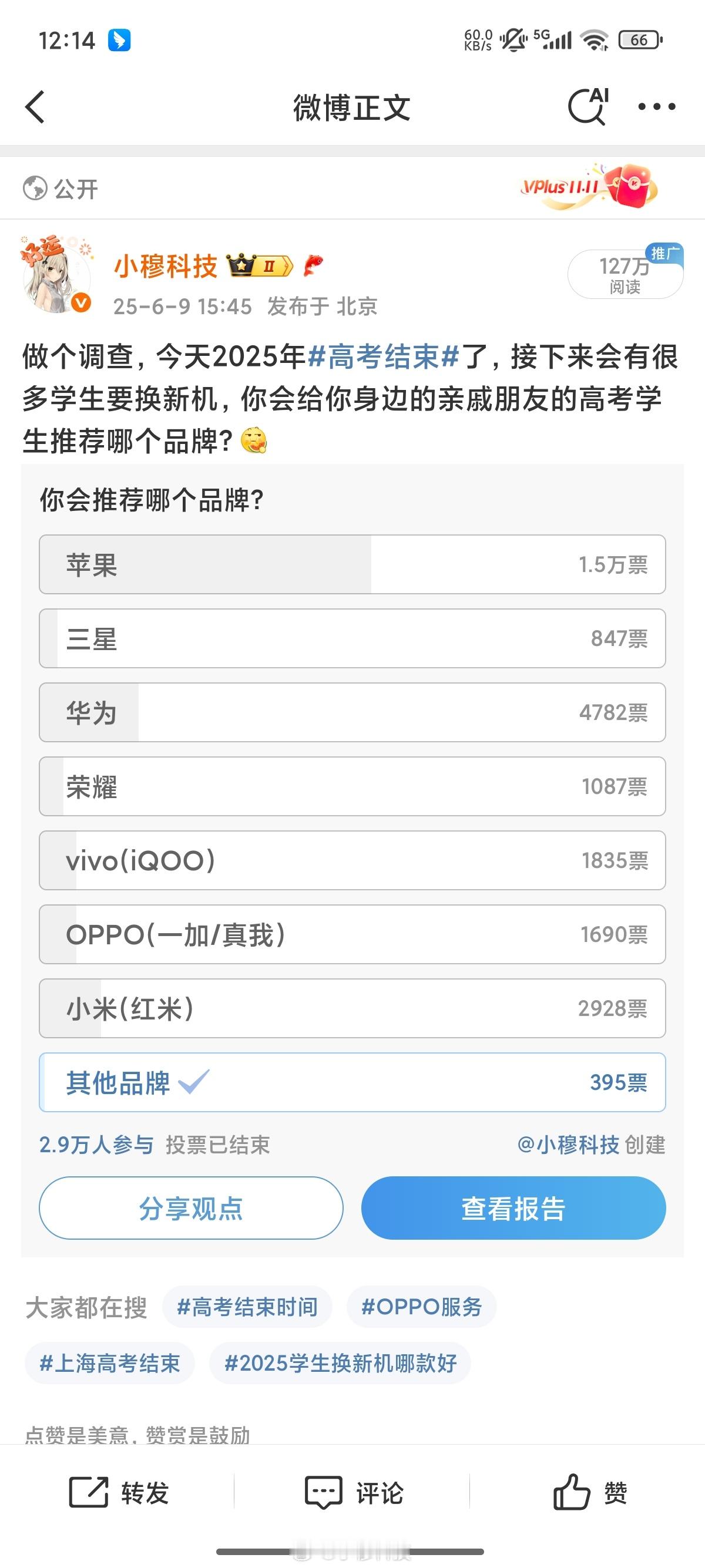 来自大数据的投票结果，样本近3万人，这个投票结果和线上份额还是很匹配的其中超过5
