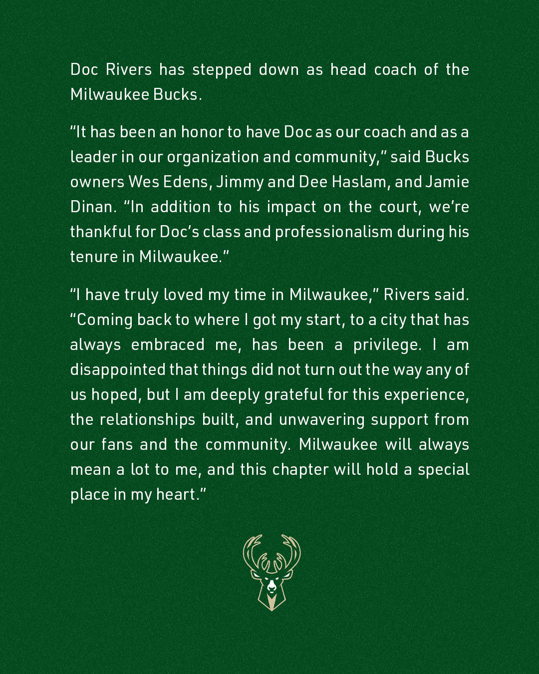 雄鹿官宣里弗斯教练的卸任 