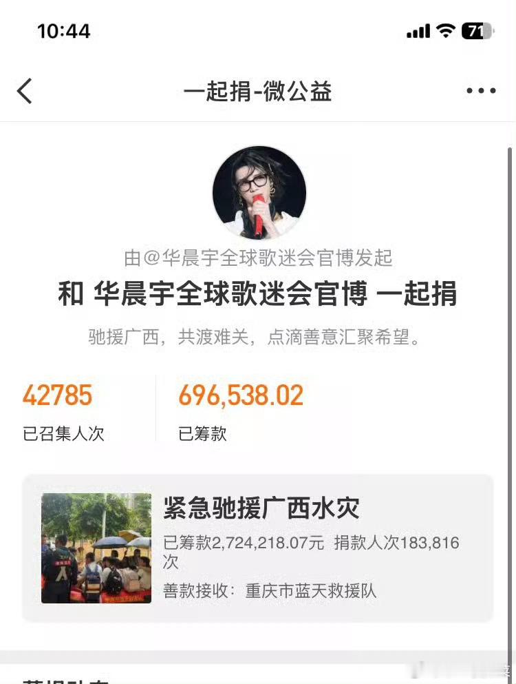 华晨宇粉丝为广西洪涝灾区发起捐款，几小时已经快70w了，👍🏻 华晨宇全球歌迷