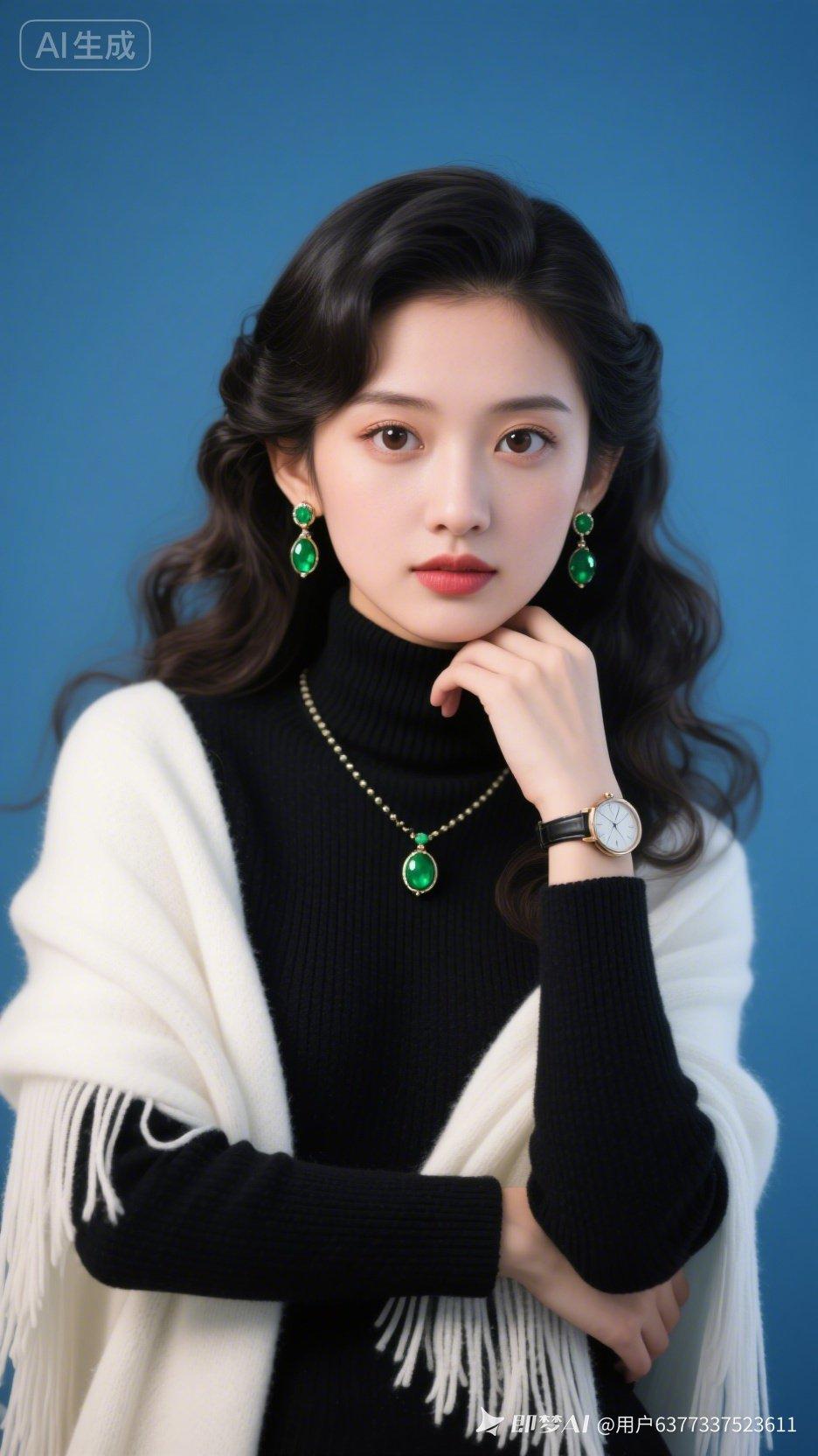 年轻女子眉眼精致，大眼黑瞳双眼皮，高鼻梁樱桃小嘴。微卷长发尽显复古韵味，身着黑高