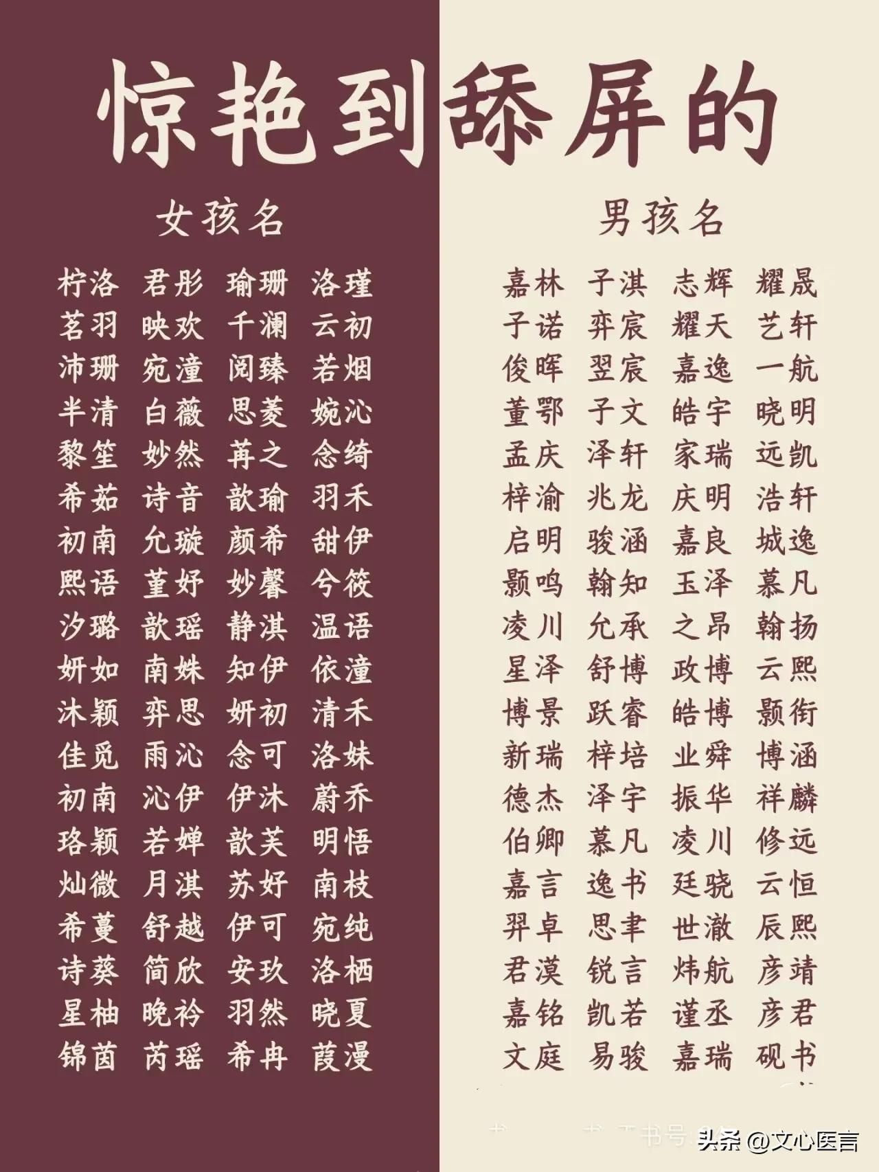 惊艳到舔屏的男孩名女孩名
以下是一些从不同来源收集到的名字，它们各具特色，有的古