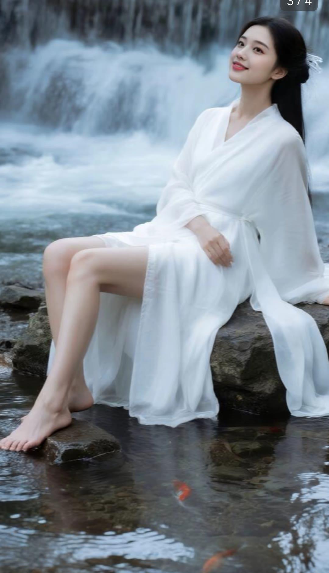 在瀑布旁，穿白裙的少女，静享自然之美。