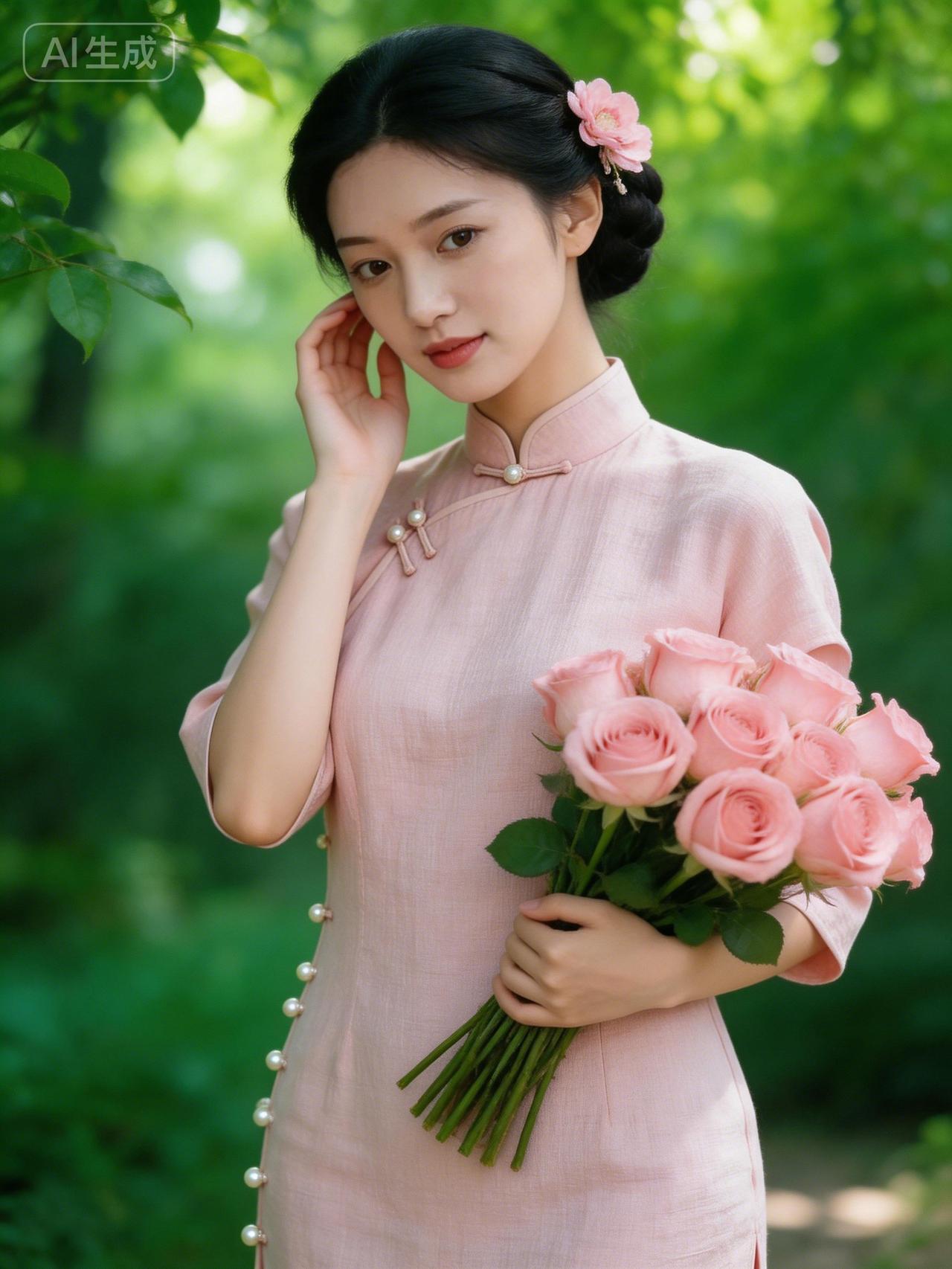 粉衣美人倚绿树，手持玫瑰意蕴深。