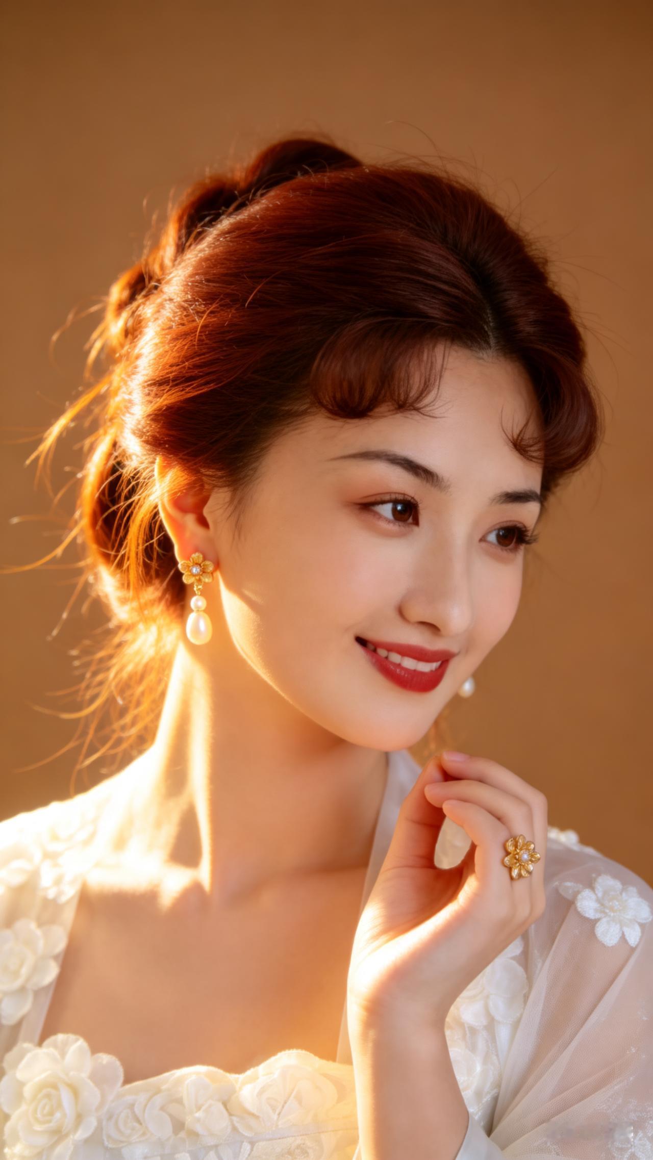 年轻女性棕红色低盘发带碎发，清透优雅妆容，裸色眼影配自然唇妆。白纱礼服缀立体花朵