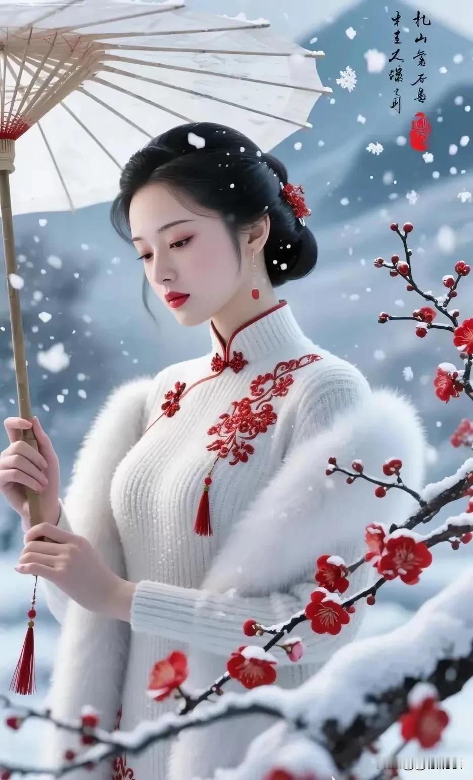 上联：满空琼花岂无味？
下联：一痕冬雪点梅香