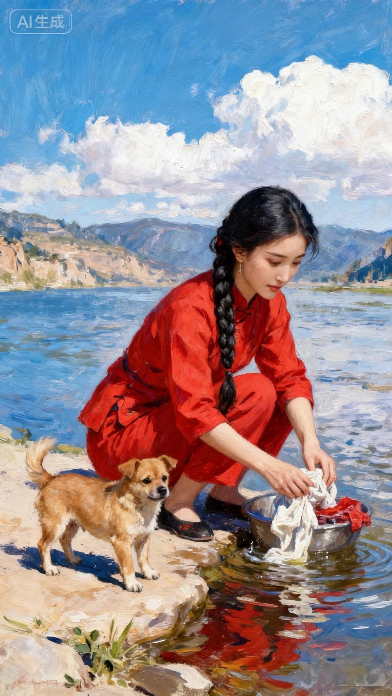 “静谧湖畔，红衣少女与小狗相伴，岁月静好。”🌿🐶💕