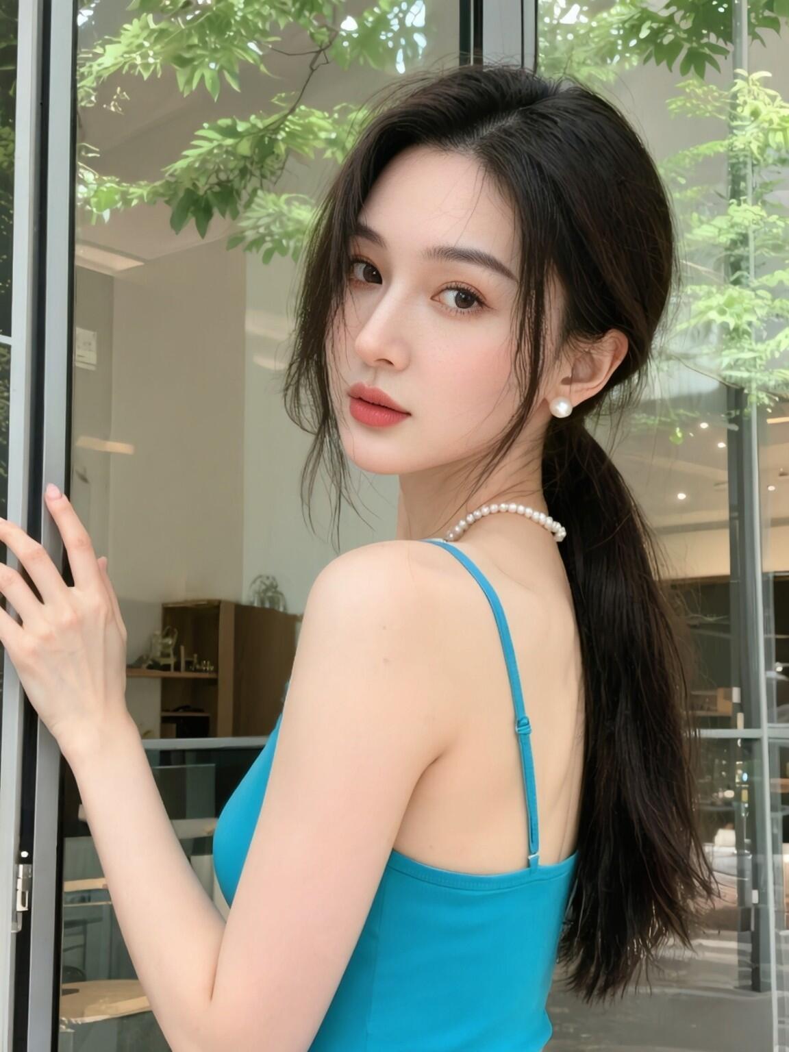 这位美女靠在玻璃门边
