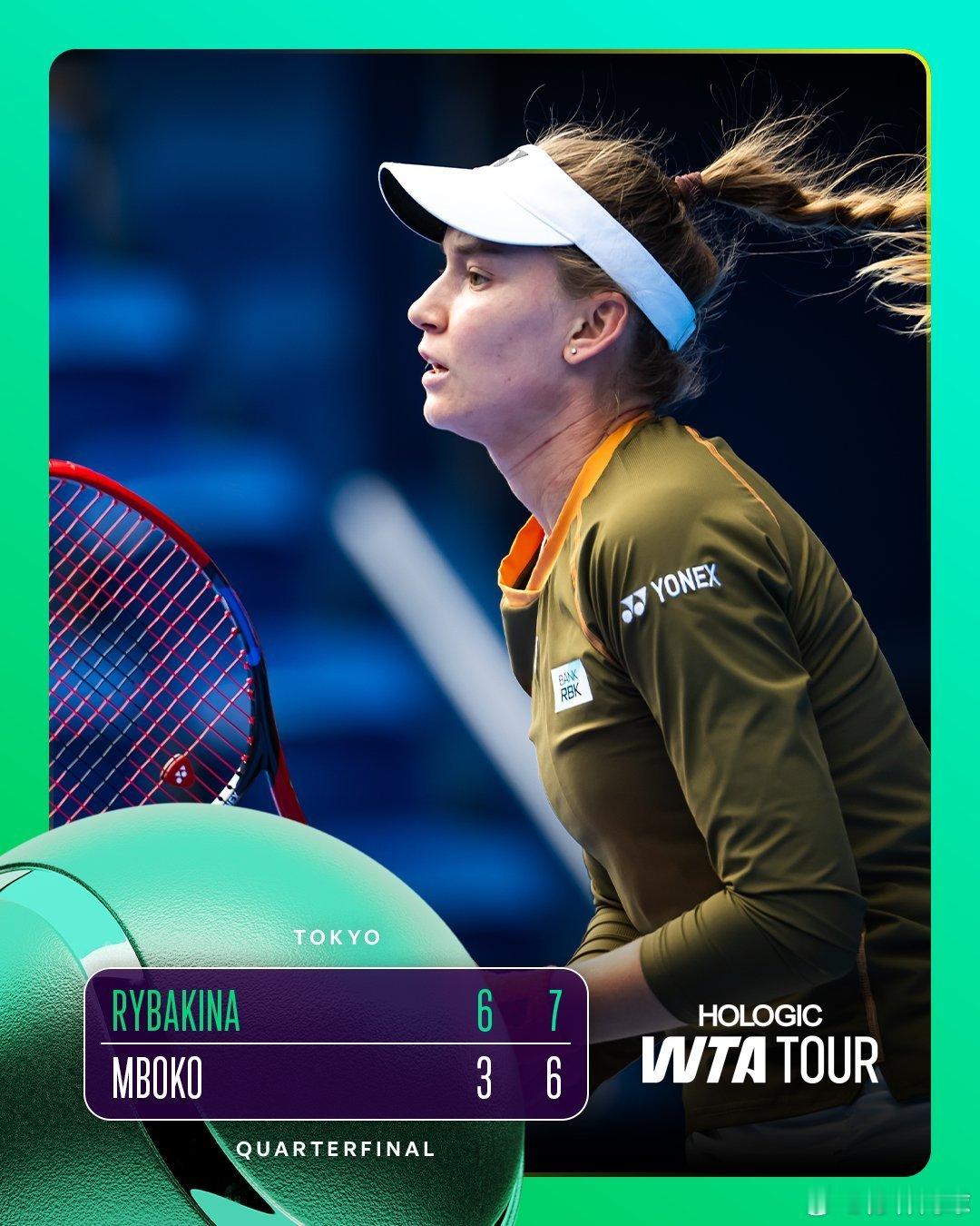 莱巴金娜63，76姆博科顺利晋级东京500半决赛。也同时解锁2025利亚德WTA