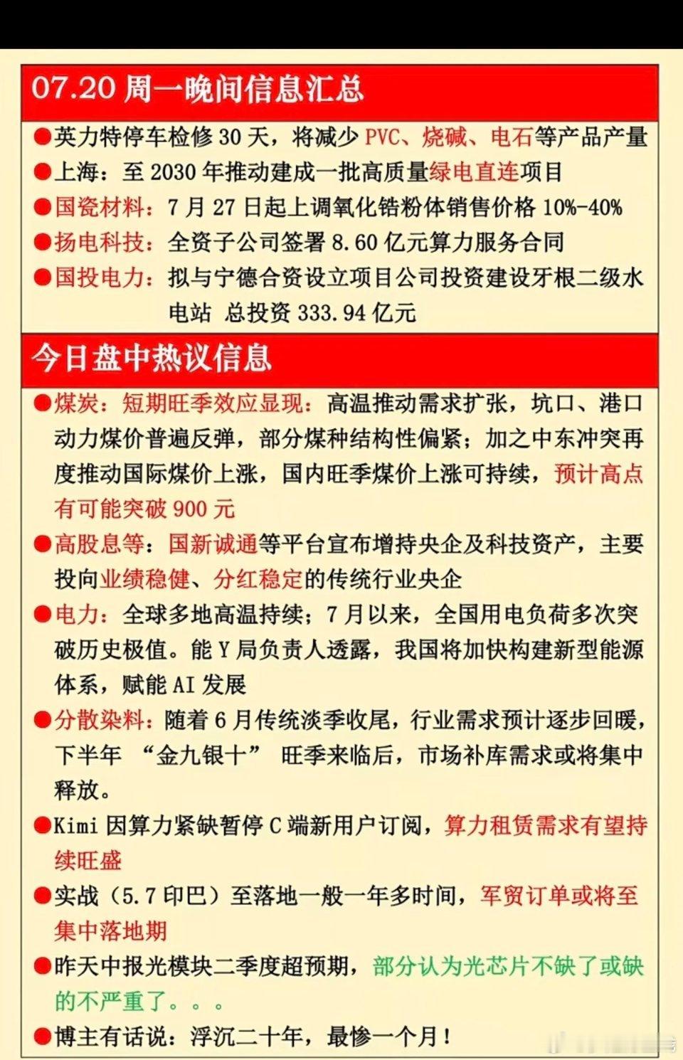 7.20周一  晚间：财经热点信息参考！ 