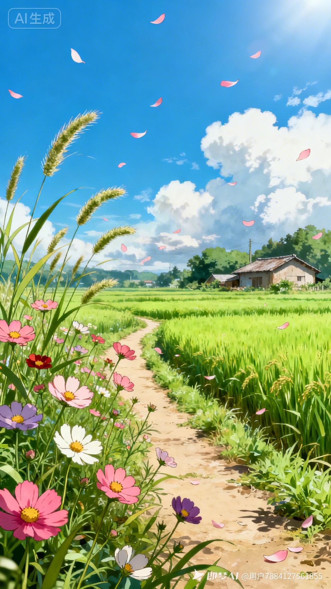 田园风光，小路两旁野花盛开，蓝天白云，心旷神怡。