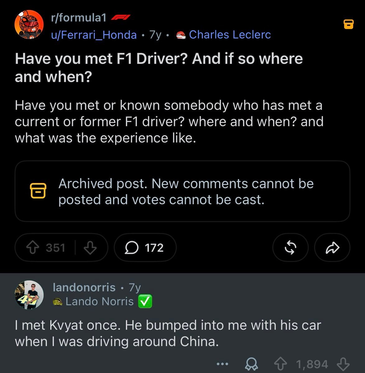 兰多诺里斯7年前的reddit你在F1支持谁？lando：肯定是兰多诺里斯啦你见