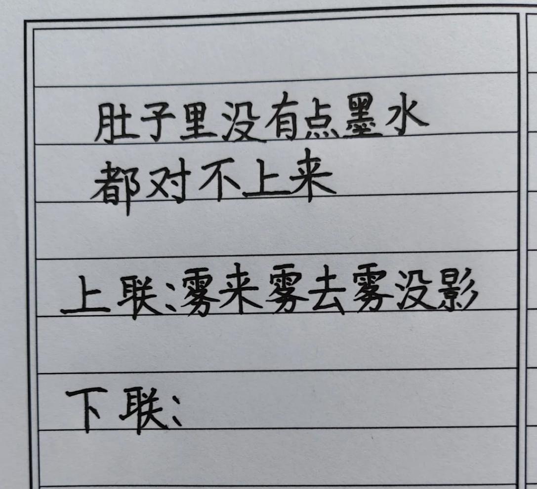 肚子里没点墨水对不出来。
上联：雾来雾去雾没影
下联：_____________