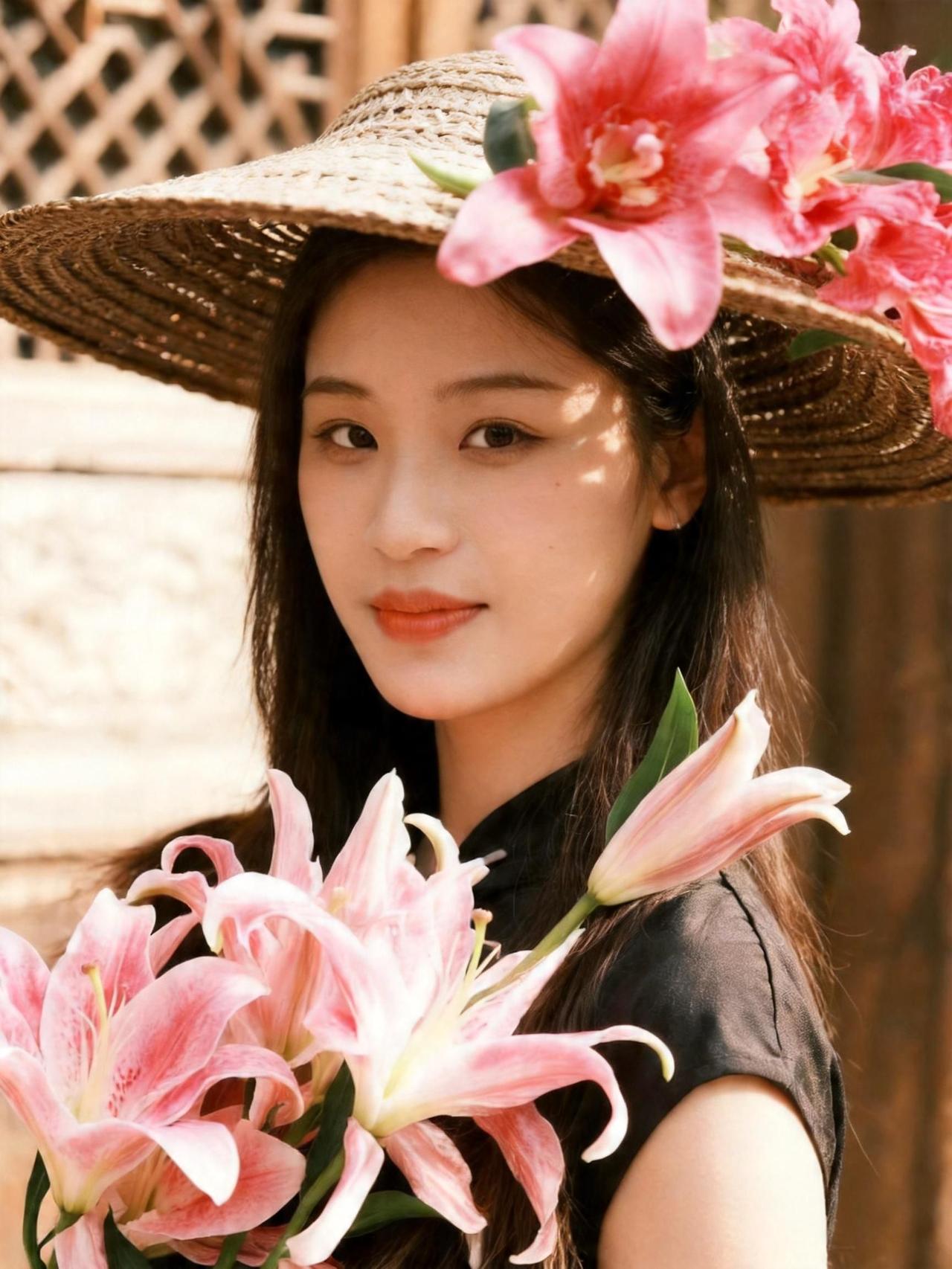 这顶帽子仿佛是从旧时光里走来的秘密，花儿点缀其间，像是大自然的低语。手捧鲜花，仿