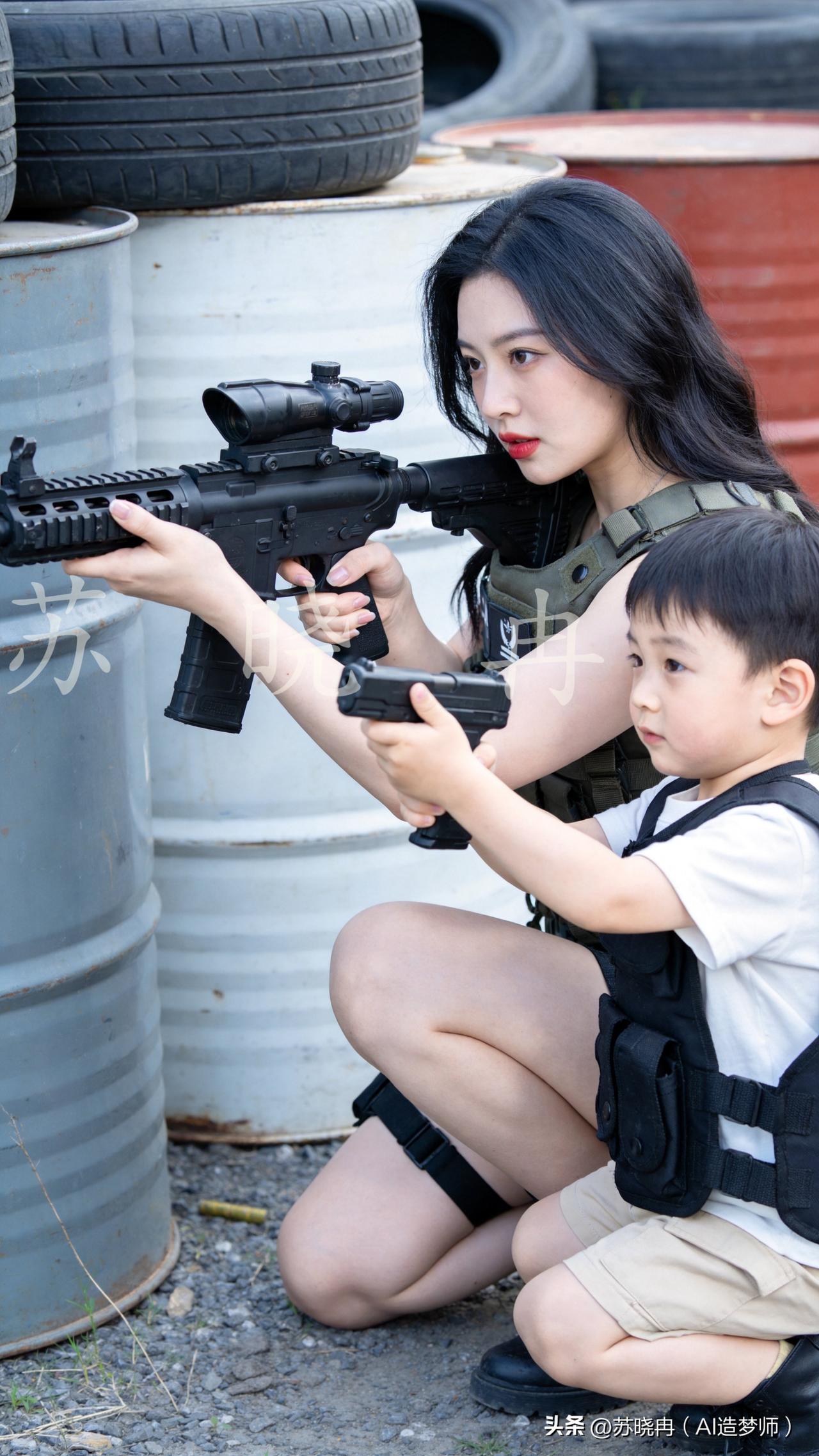 这位95后宝妈带娃玩真人CS，真的又酷又会带娃。她全程带着孩子，教他怎么瞄准、怎