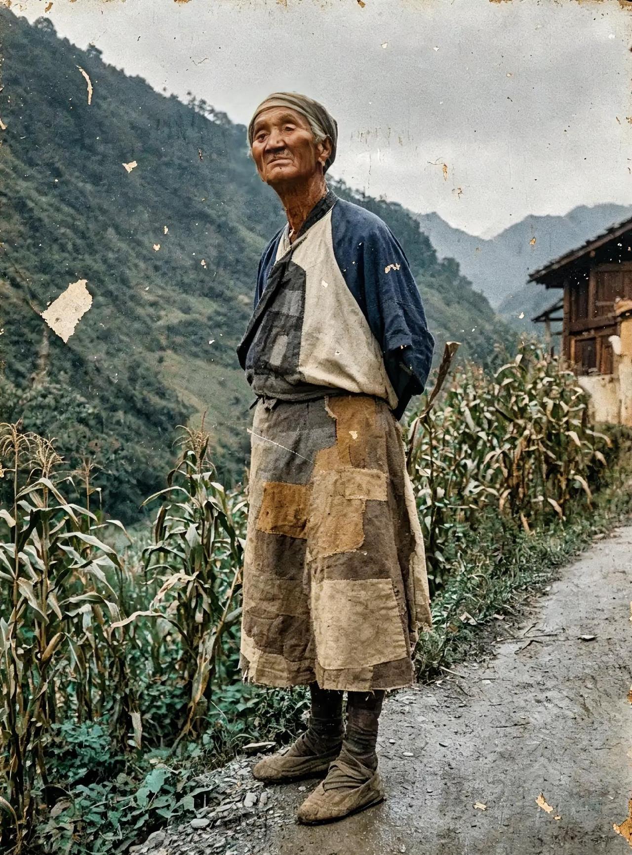 1917年，一位四川老农民背手站在路边，有一种独特的气质。
这张照片是美国学者西