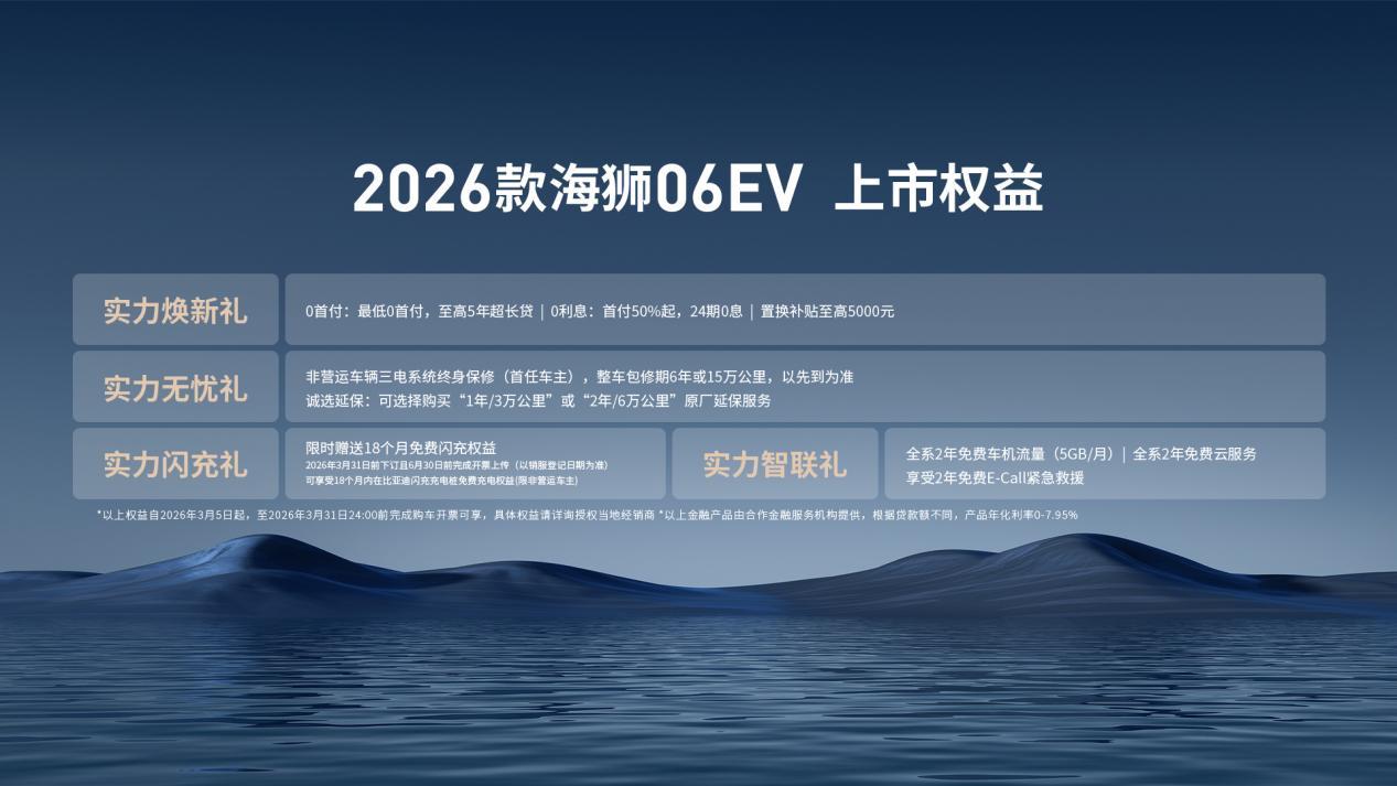 车盟快讯：3月5日，比亚迪2026款海狮06 EV焕新上市，售价15.99-17
