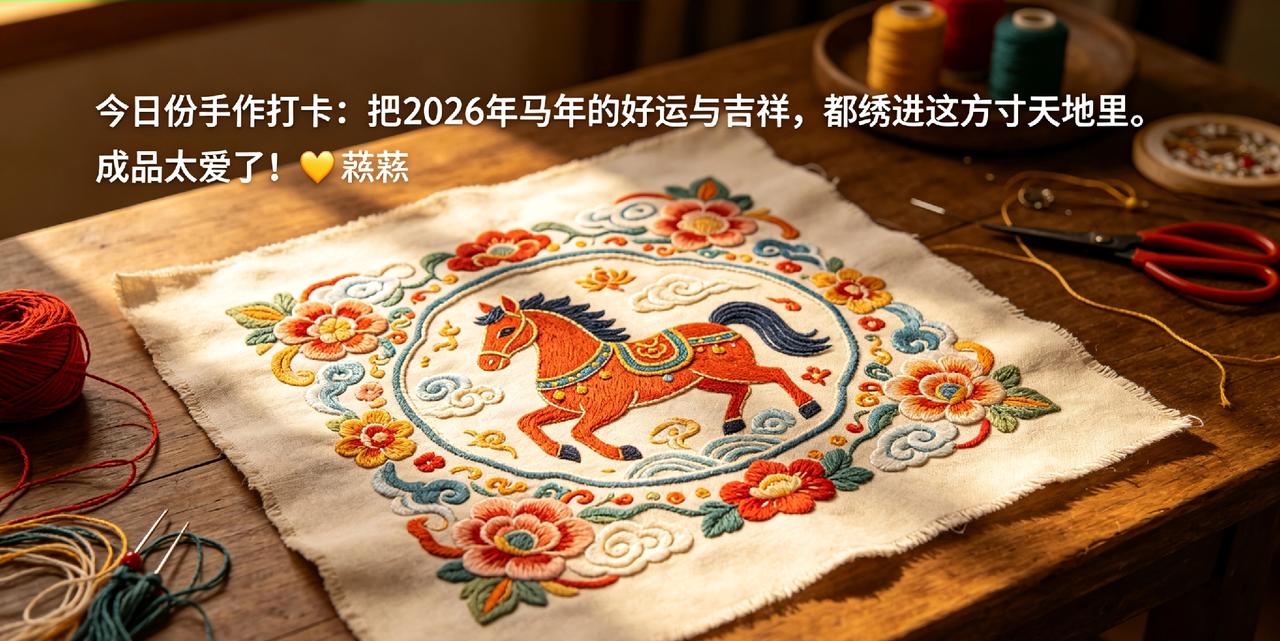 今日份手作打卡：把马年的好运与吉祥，都绣进这方寸天地里。成品太爱了！✨🎉