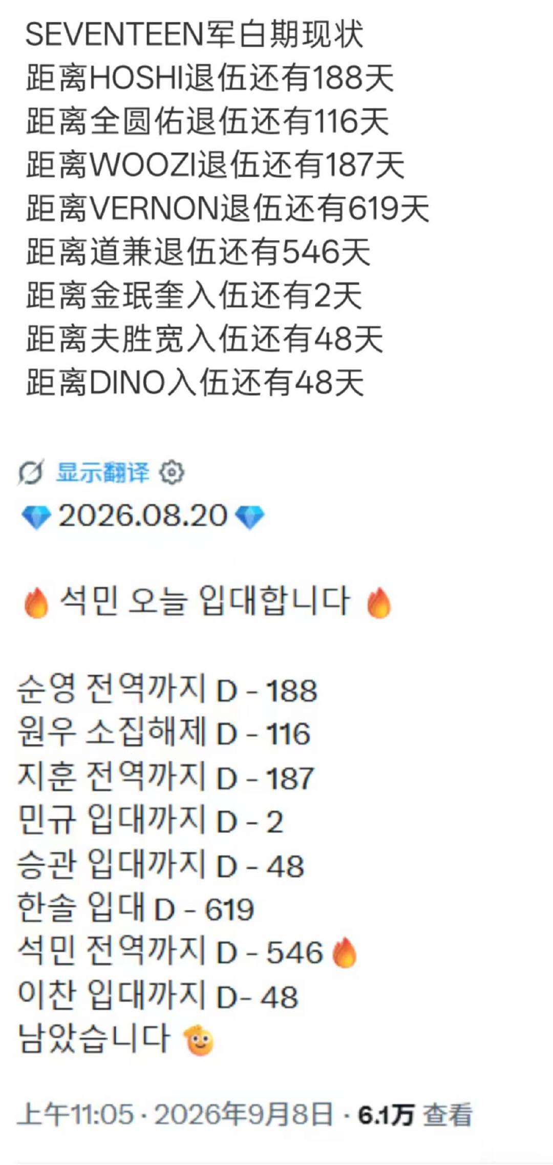 SEVENTEEN入伍现状SEVENTEEN军白期现状 距离HOSHI退伍还有1