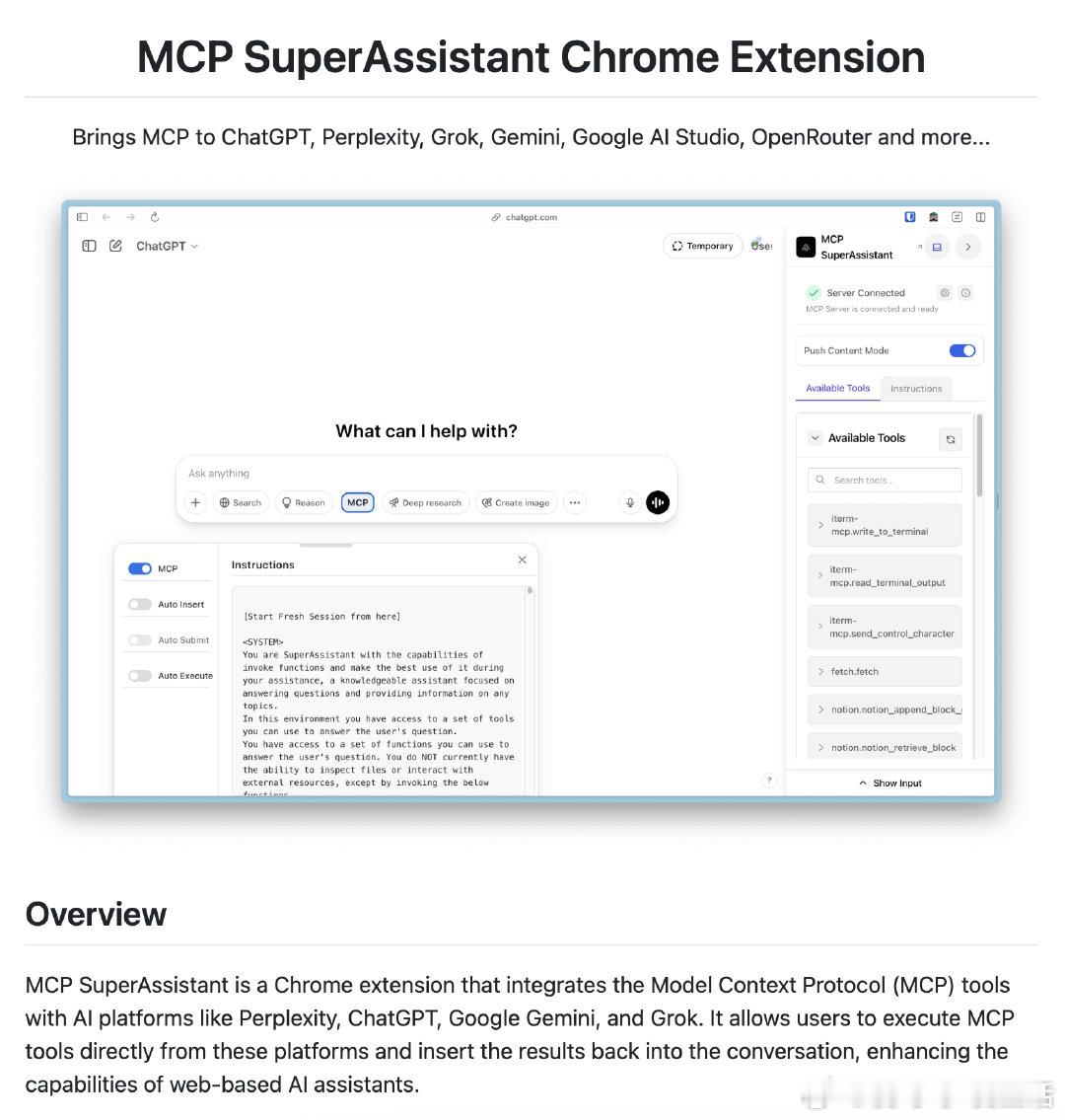 【[374星]MCP-SuperAssistant：一个 Chrome 扩展程序
